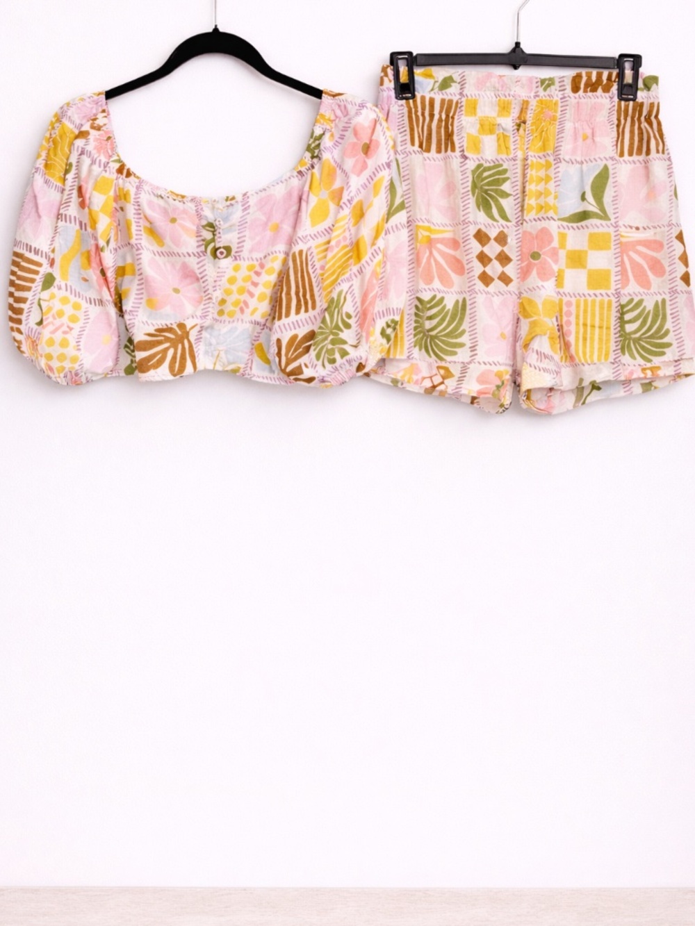 Floral Patchwork Crop Top & Shorts Set | Puff Sleeve | Matching Set
